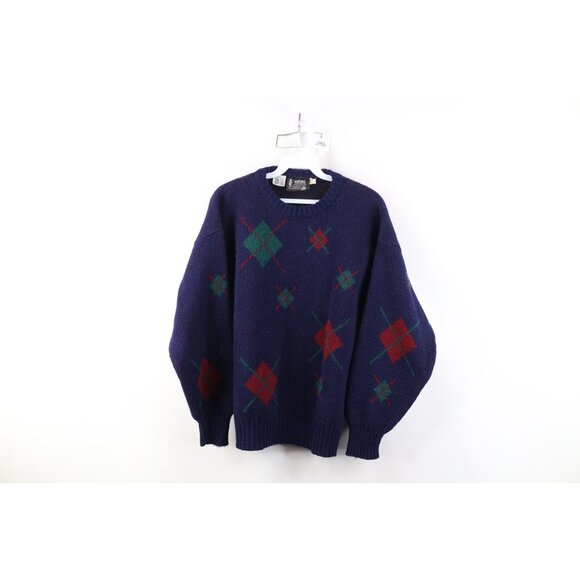 Vintage 70s Streetwear Womens Large Distressed Argyle Wool Ribbed Knit Sweater - Picture 1 of 14